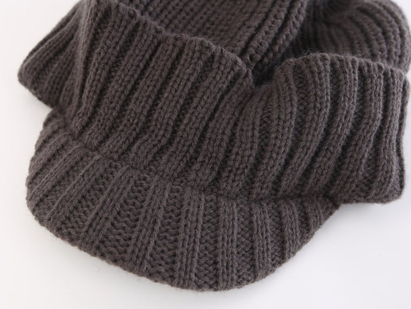 Home Prefer Men's Outdoor Newsboy Hat Winter Warm Thick Knit Beanie Cap with Visor Gray - Image 2